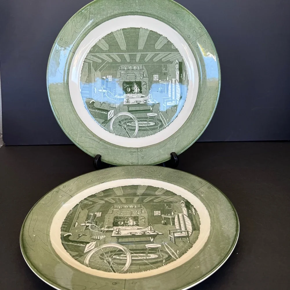 Royal China Colonial Homestead Green Chop Plates Lot of 2 Vintage 12
